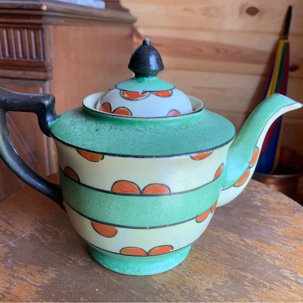Art Deco Green & Orange Teapot - Striped Geometric Design